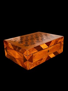 An English 19th Century Tunbridge Ware Box with Cube patern and geometric Marquetry.